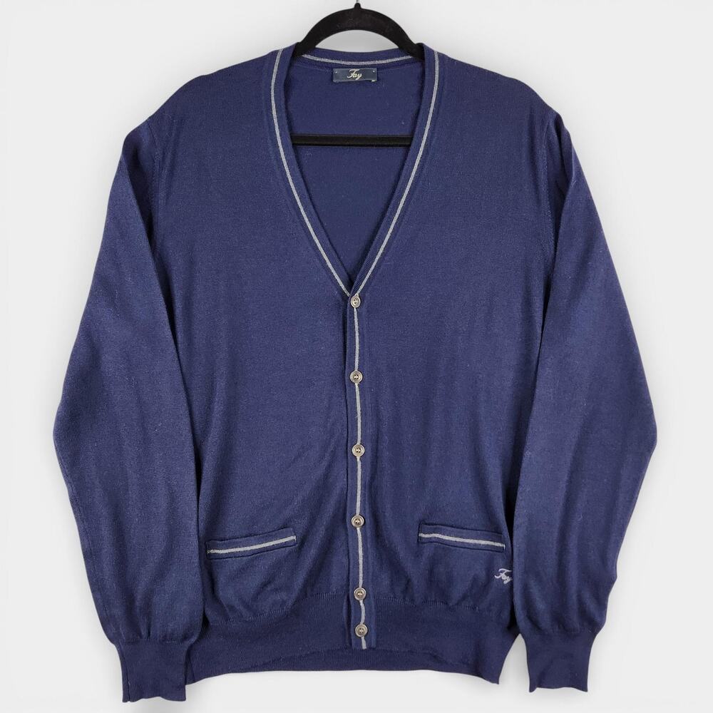 Fay Wool Cardigan Sweater Mens US M/L 54 Blue V Neck Lightweight Made In Italy
